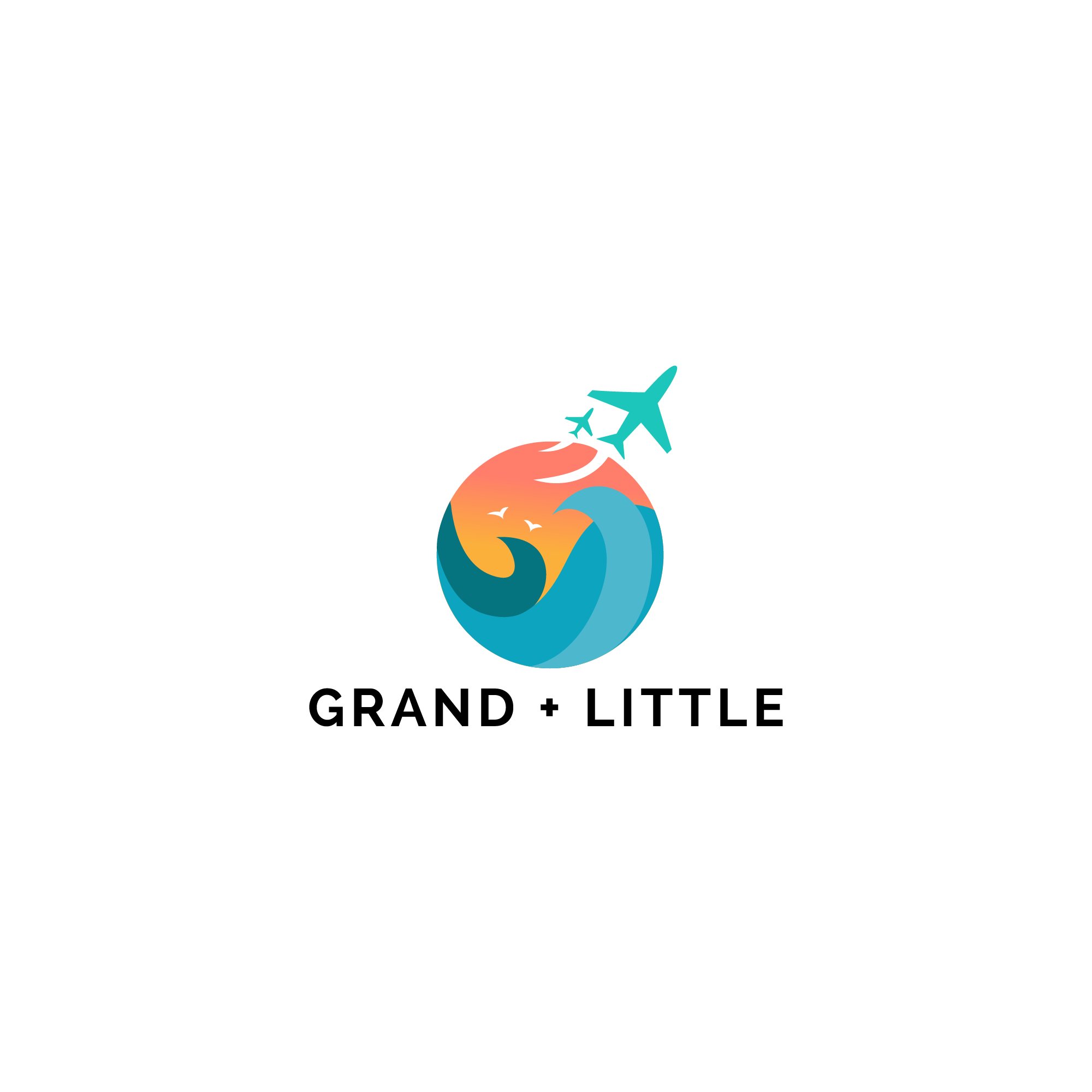 Grand + Little logo with ocean waves, sunset and two airplanes